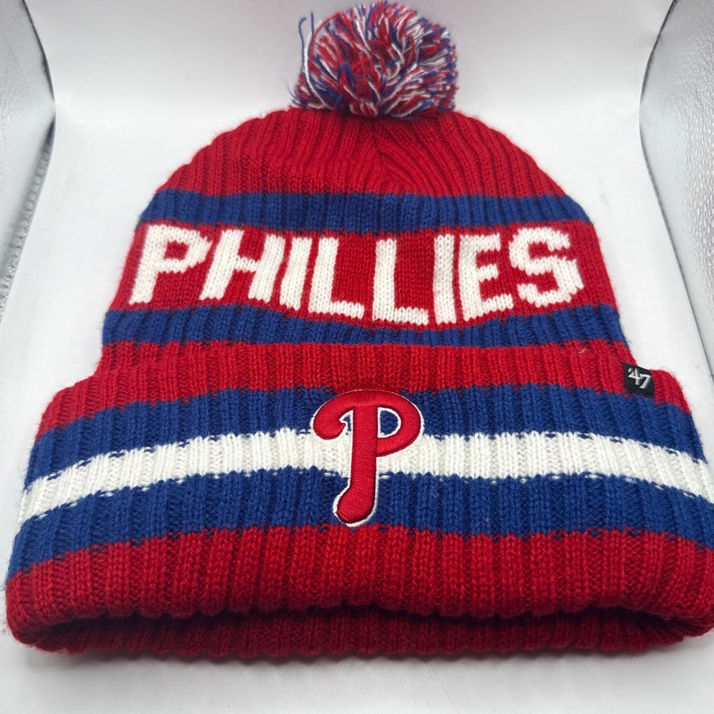 47 Brand Philadelphia Phillies Beanie Hat Red Blue Striped Fleece Lined Pom MLB
